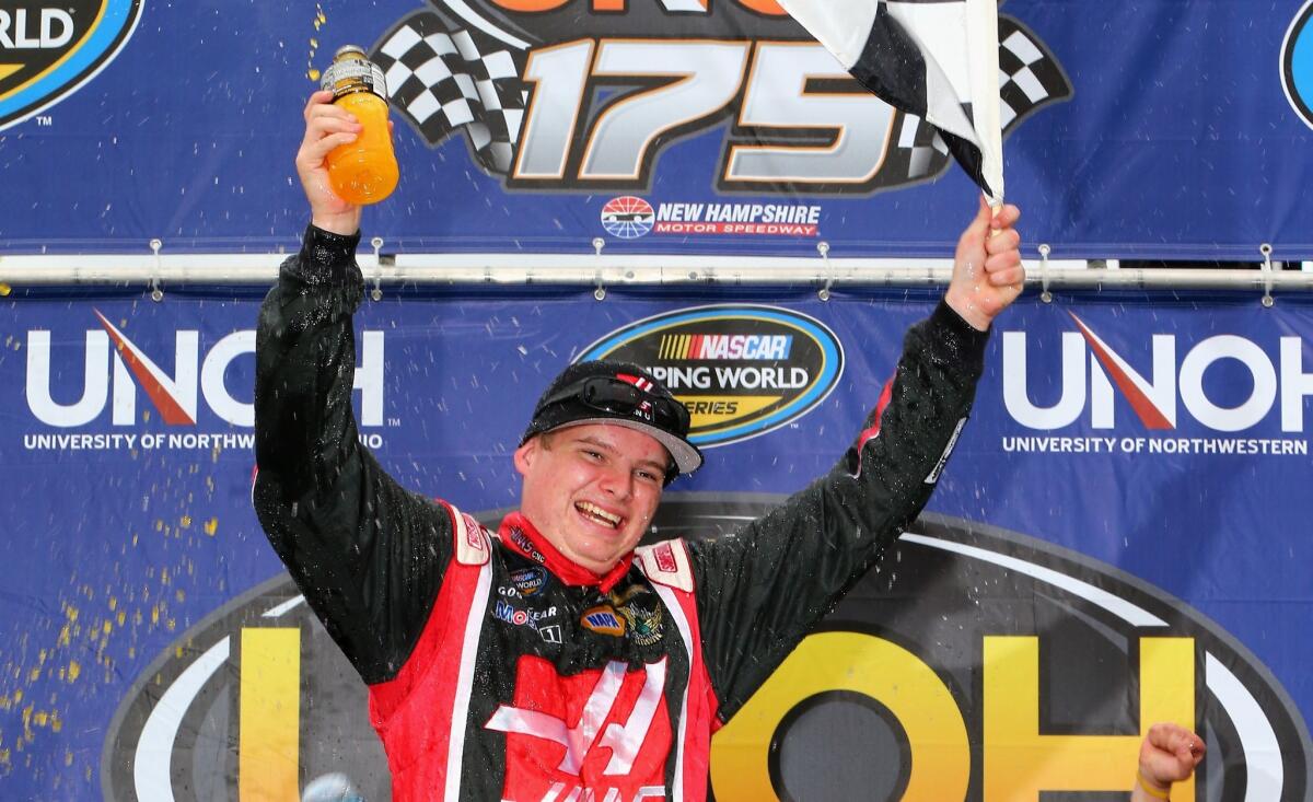 Cole Custer, 16, reacts after winning the NASCAR Camping World Truck Series UNOH 175 on Saturday at New Hampshire Motor Speedway.