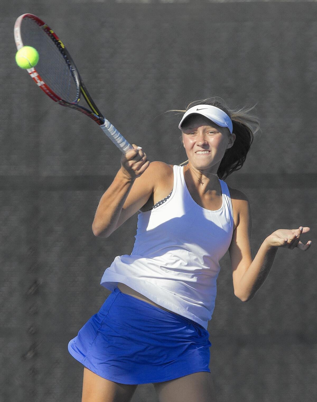 Corona del Mar High's Danielle Willson competes during a singles set against Dana Hills in a nonleague girls' tennis match on Wednesday.