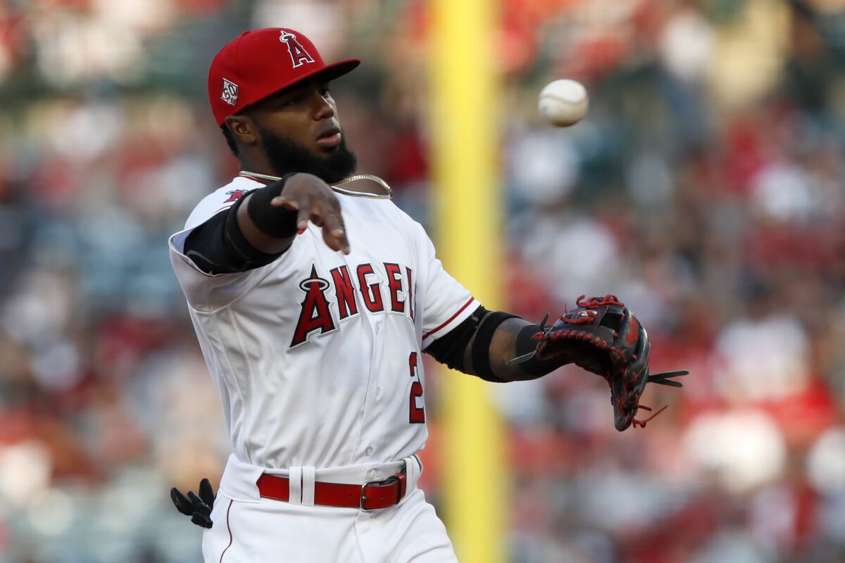 The Angels' Luis Rengifo in action against the Detroit Tigers during the first inning.