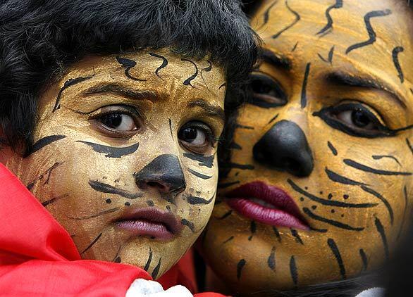 A woman and her child sport tiger-painted faces in support of Tamil Tiger rebels during a protest in London's Parliament Square. Hundreds of protesters continue to demonstrate against Sri Lanka's government after a ceasefire was declared by the Tamil rebels.