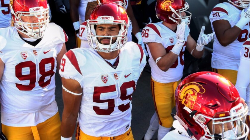 USC linebacker Don Hill (59) looks on before a game against Oregon on Nov. 21, 2015.
