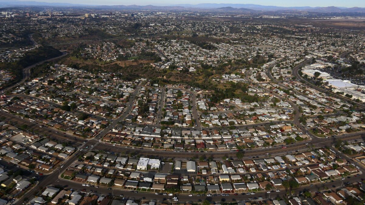 A aerial view of houses in the San Diego neighborhood of Clairemont in December.