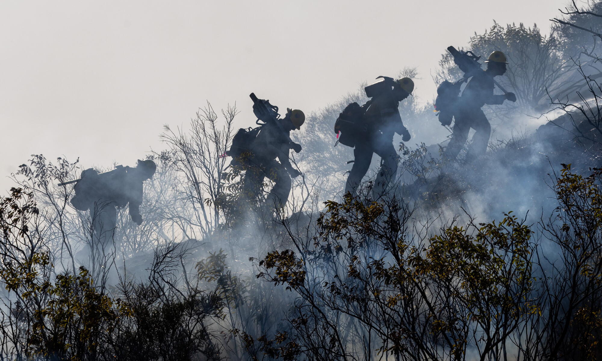 Archive photo of firefighters responding to a previous Malibu-area wildfire Firefighters working through smoke during an earlier Malibu-area wildfire; archive image, not a photograph of the 2026 Bryson Fire