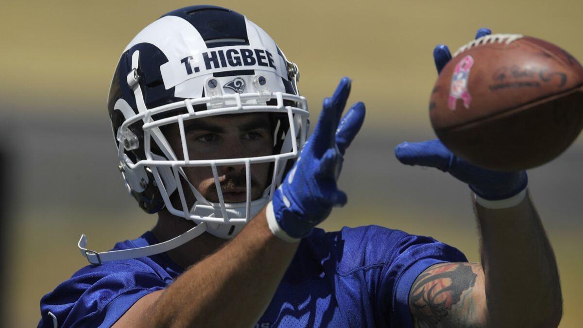 Rams tight end Tyler Higbee makes a catch during practice at the team's mini camp on June 12 in Thousand Oaks.