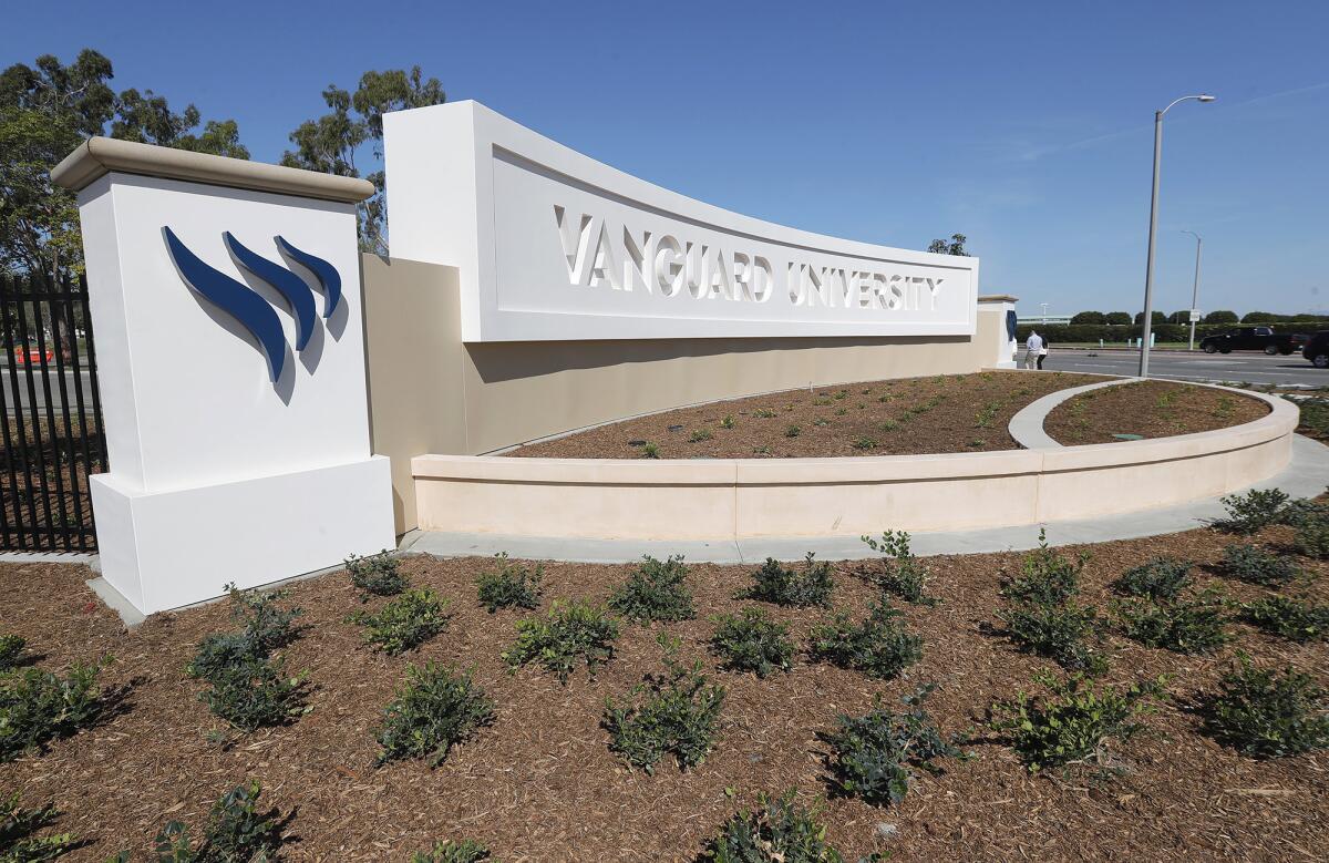 A new Vanguard University monument sign Friday at the corner of Fair Drive and Newport Boulevard in Costa Mesa.