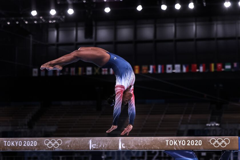 Tokyo, Japan, Tuesday, August 3, 2021 - USA gymnast Simone Biles performs in the Tokyo 2020 Olympic Women's Balance Beam at Ariake Gymnastics Centre. (Robert Gauthier/Los Angeles Times)
