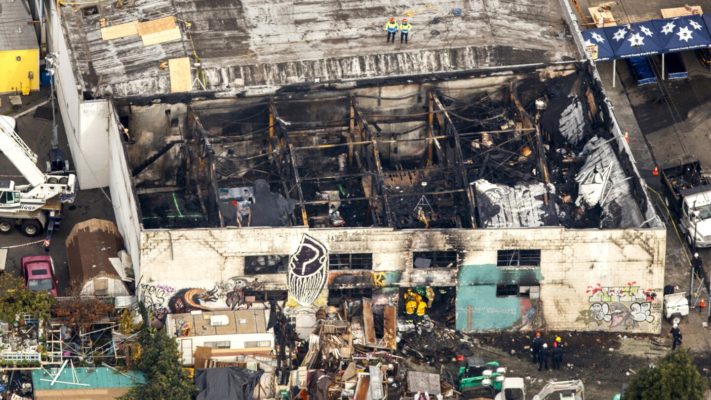 The ruins of the Ghost Ship warehouse in Oakland, the site of a fire that killed at least 36 people, are seen from above on Dec. 5.