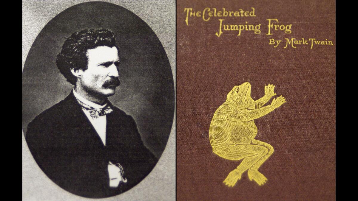 Photo of Mark Twain in 1865 and a first-edition copy of "The Celebrated Jumping Frog" story that gave Twain his first national success as a writer and humorist.