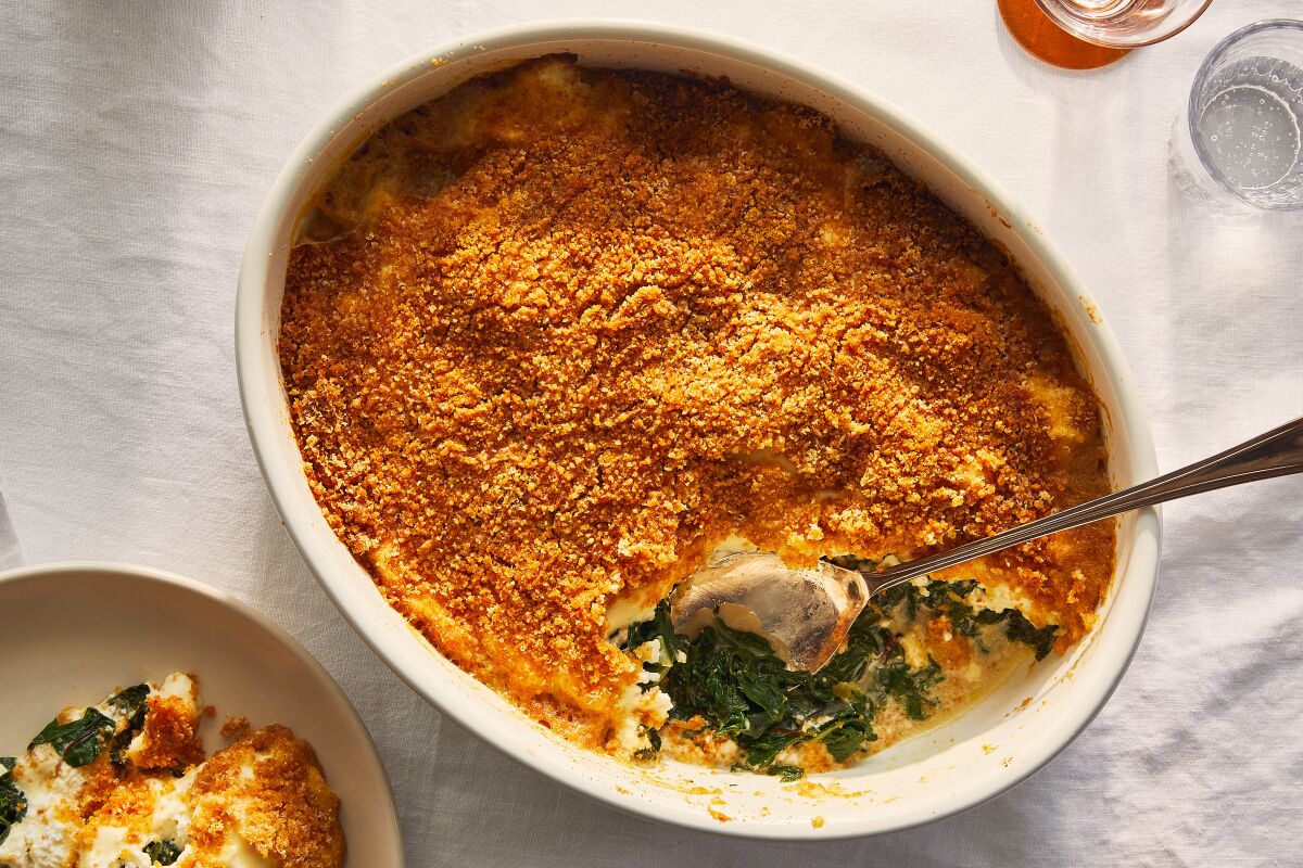 Creamy chard with ricotta, parmesan and breadcrumbs.