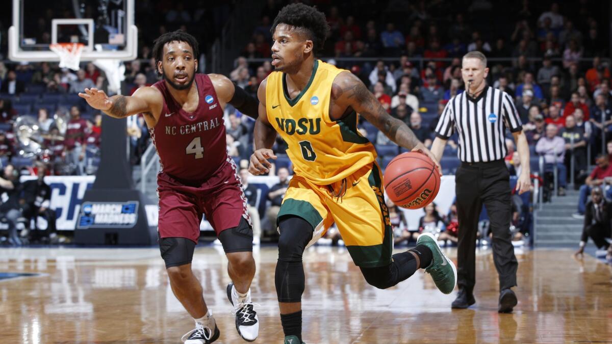 North Dakota State's Vinnie Shahid (0) drives to the basket during the second half against North Carolina Central in the First Four of the NCAA tournament on Wednesday in Dayton, Ohio.