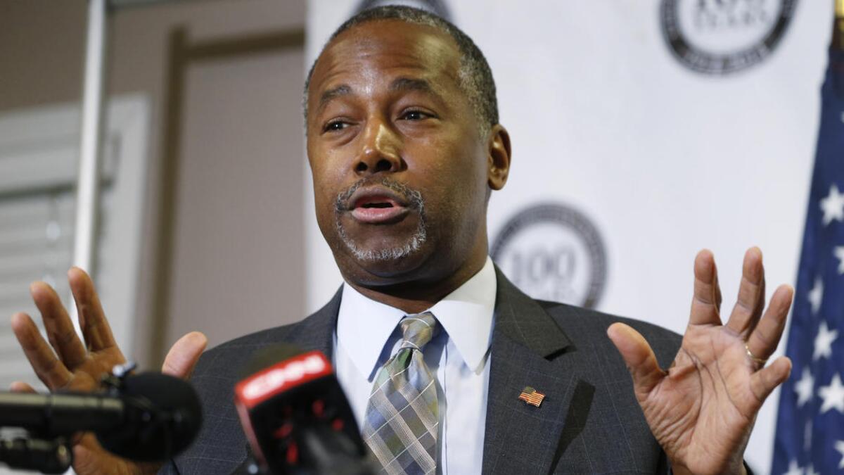 Former Republican presidential candidate Ben Carson speaks in Lakewood, Colo. on Oct. 29.