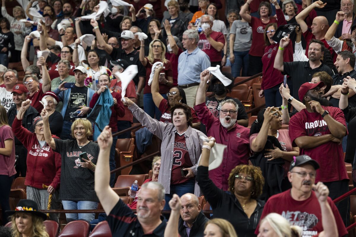South Carolina fans celebrate after defeating Maryland in an Elite 8 college basketball game of the NCAA Tournament in Greenville, S.C., Monday, March 27, 2023. (AP Photo/Mic Smith)
