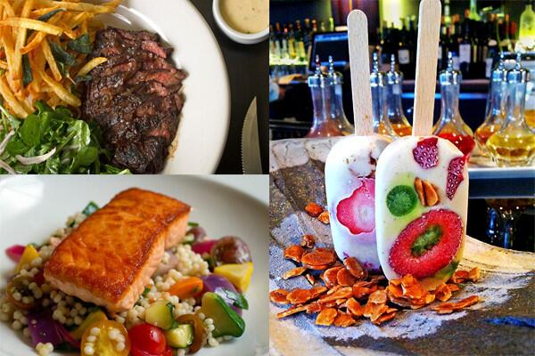 Clockwise from top left, Niman Ranch steak frites from Lucques, frozen kulfi pops served at Spago and a salmon salad from Bar Bouchon.