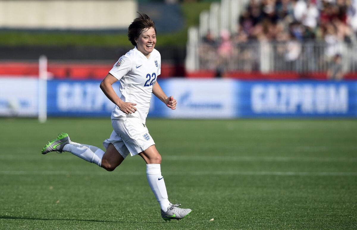 England forward Fran Kirby reacts after scoring a goal against Mexico during a Group F match against Mexico at the Women's World Cup in Montreal.