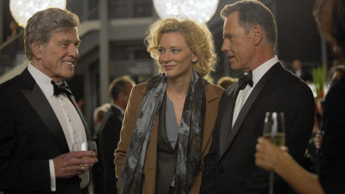 Robert Redford as Dan Rather, Cate Blanchett as Mary Mapes and Bruce Greenwood as Andrew Heyward in "Truth."