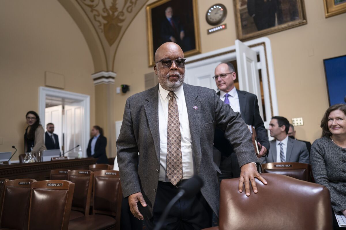 FILE - Chairman Bennie Thompson, D-Miss., of the House Select Committee investigating the Jan. 6 U.S. Capitol insurrection, arrives to testify before the House Rules Committee at the Capitol in Washington, April 4, 2022. The House panel investigating the Jan. 6 insurrection at the U.S. Capitol is rejecting a request from the Justice Department for access to the committee's interviews, for now. (AP Photo/J. Scott Applewhite, File)