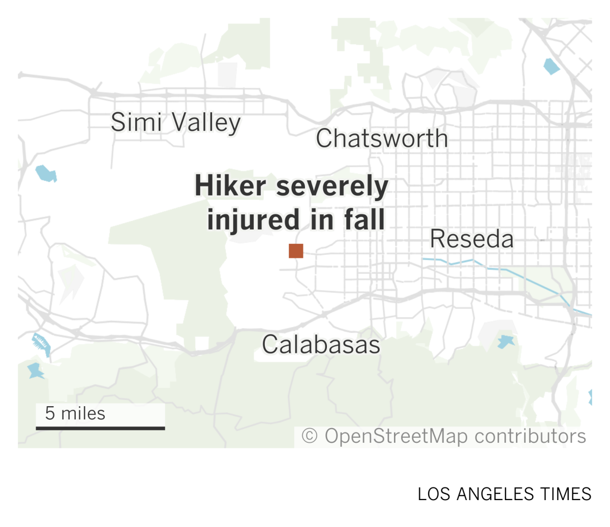 A map of the west San Fernando Valley showing where a hiker was severely injured in a fall in West Hills