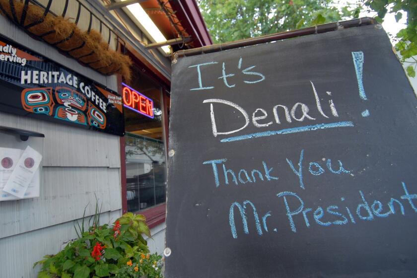 A sign at a coffee shop in Anchorage sums up how Alaskans feel about changing the name of Mt. McKinley to Denali. In Ohio, President McKinley's home state, there's not as much support.