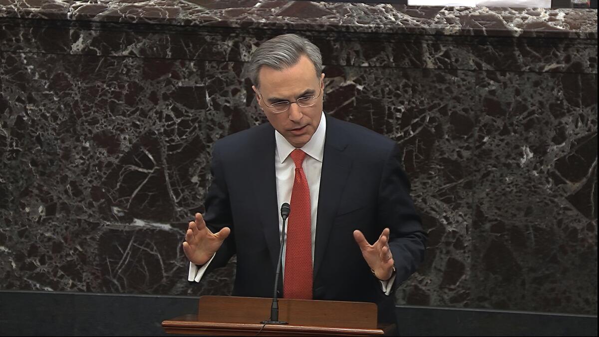 White House counsel Pat Cipollone speaks during the impeachment trial against President Donald Trump in the Senate at the U.S. Capitol.