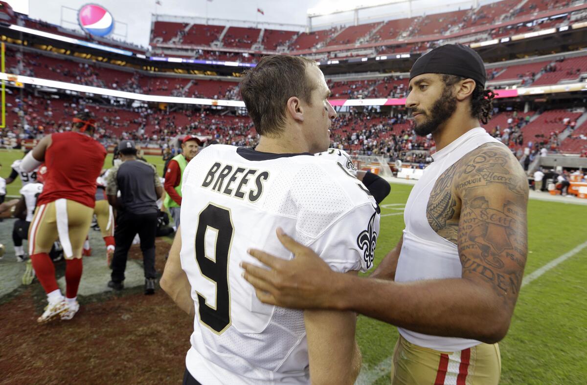 Saints quarterback Drew Brees, greeting then 49er Colin Kaepernick after a game in 2016, signed the Players Coalition letter.