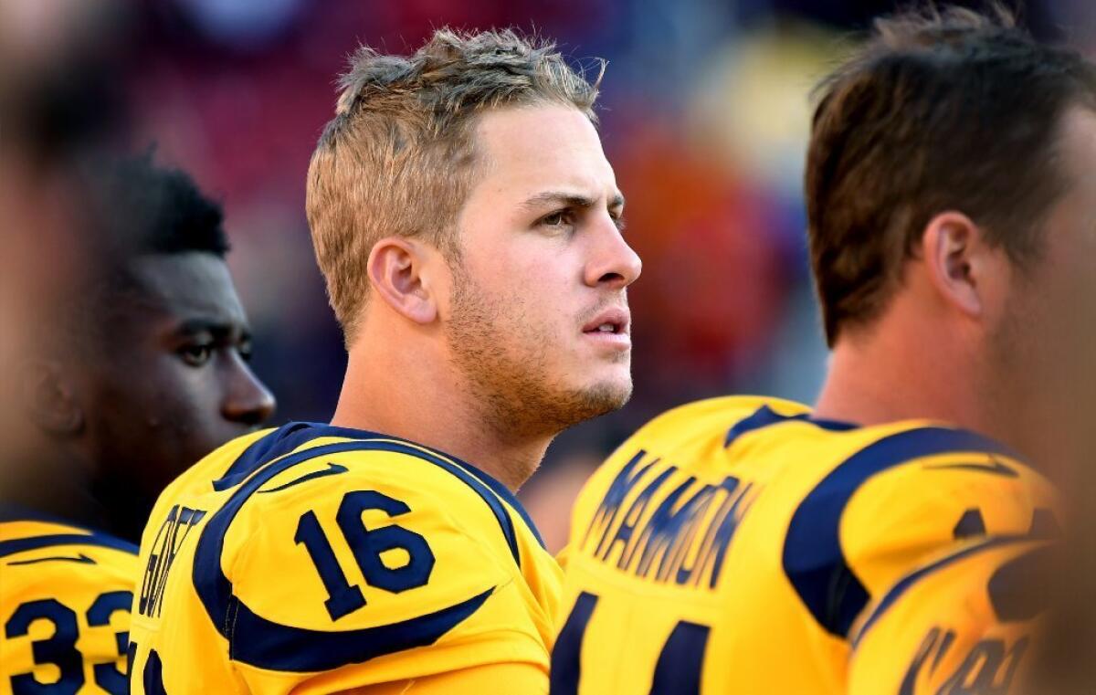 Rams quarterback Jared Goff looks on during the national anthem before a game against the 49ers on Sept. 21 at Levi's Stadium.