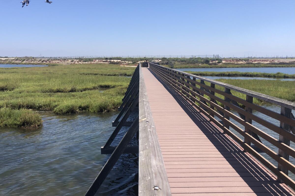 A boardwalk at the entrance of Bolsa Chica Ecological Reserve in Huntington Beach.