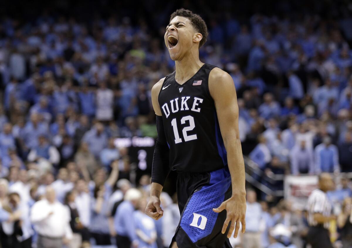 Guard Derryck Thornton reacts following Duke's 74-73 win over North Carolina during a game on Feb. 17.