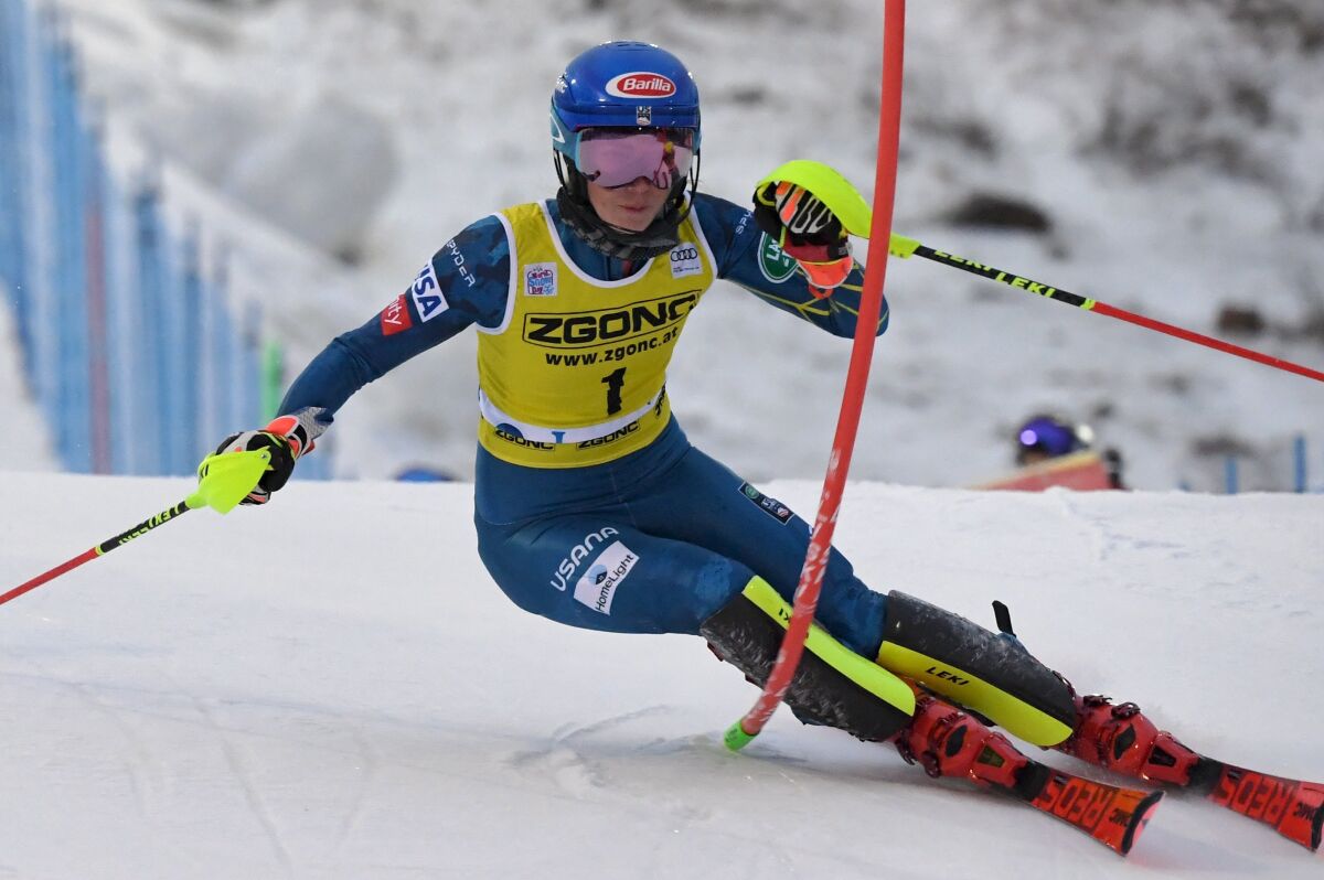 Mikaela Shiffrin of the United States competes during the first run of the alpine ski, women's World Cup slalom in Levi, Finland, Saturday, Nov. 21, 2020. (Jussi Nukari/Lehtikuva via AP)