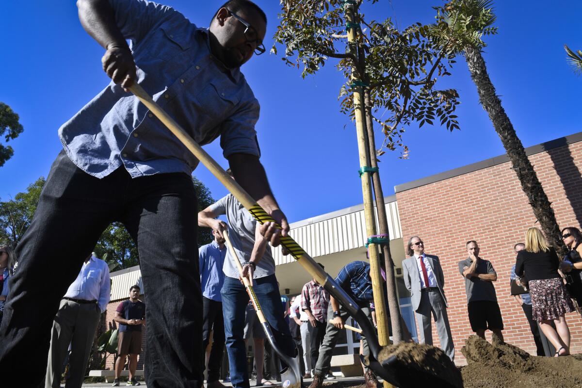 Niran Jayasiri helps shovel dirt around a Chinese pistachio tree dedicated at Cal State Long Beach on Sunday in memory of Nohemi Gonzalez, a student who was the only American killed in the Paris terror attack one year ago to the day.