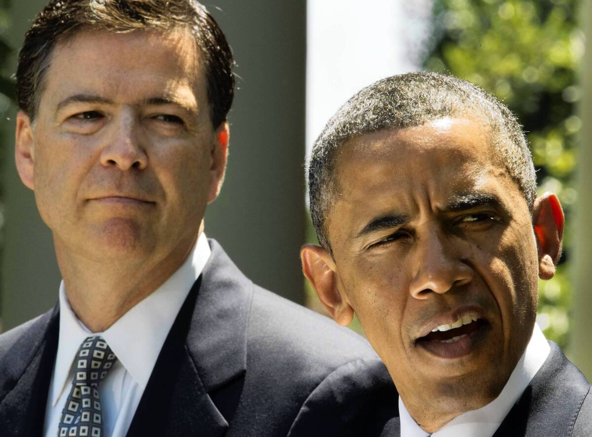 President Obama with FBI nominee Jim Comey. Liberal activists are showing irritation at Obama's willingness to condone domestic surveillance programs to combat terrorism.