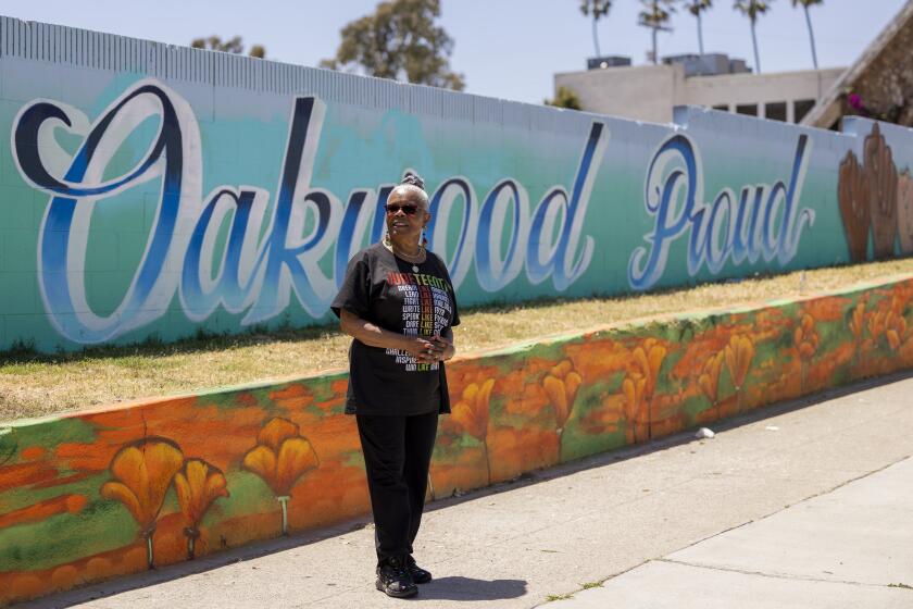 Los Angeles, CA - June 15: Naomi Nightingale, a historian, professor, and activist poses for a portrait outside of the Oakwood Recreation Center in Los Angeles, CA. (Zoe Cranfill / Los Angeles Times)