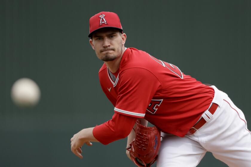 Los Angeles Angels starting pitcher Andrew Heaney throws during the first inning of a spring training baseball game against the Texas Rangers Friday, Feb. 28, 2020, in Tempe, Ariz. (AP Photo/Charlie Riedel)