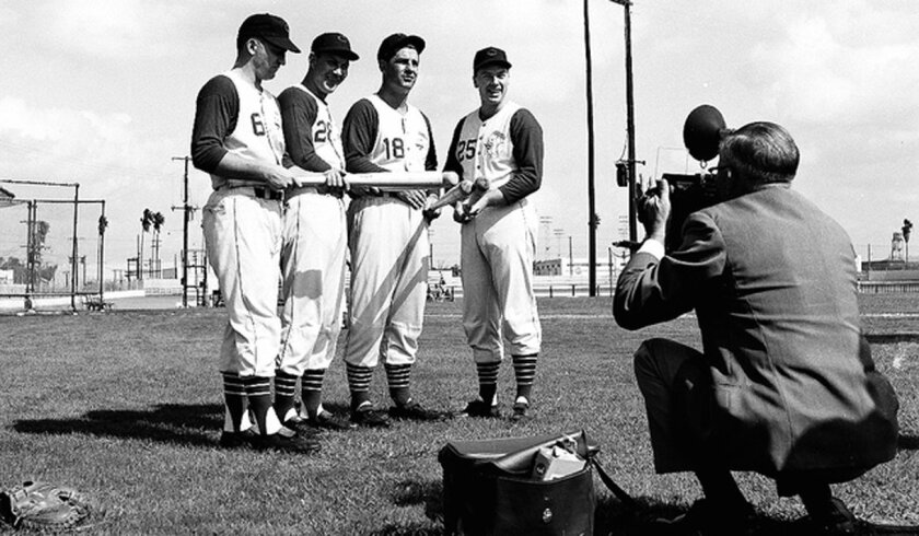 A photographer gets a spring training shot of four of the the Redlegs All-Stars from 1957 included (from left) Ed Bailey, Wally Post, Ted Kluszewski and Gus Bell.