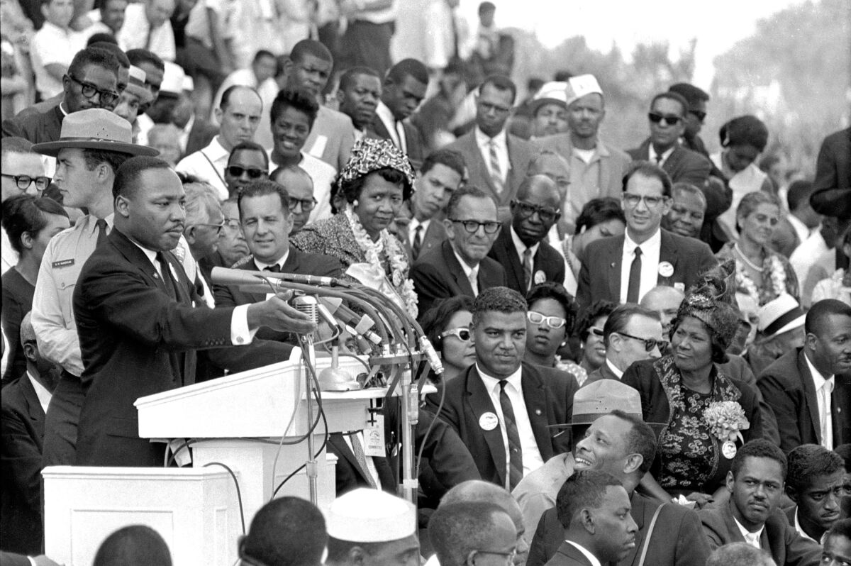 The Rev. Dr. Martin Luther King Jr., speaks to thousands during his "I Have a Dream" speech.