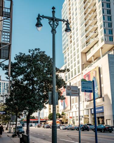 A double-headed street lamp on Olympic Boulevard in Los Angeles.