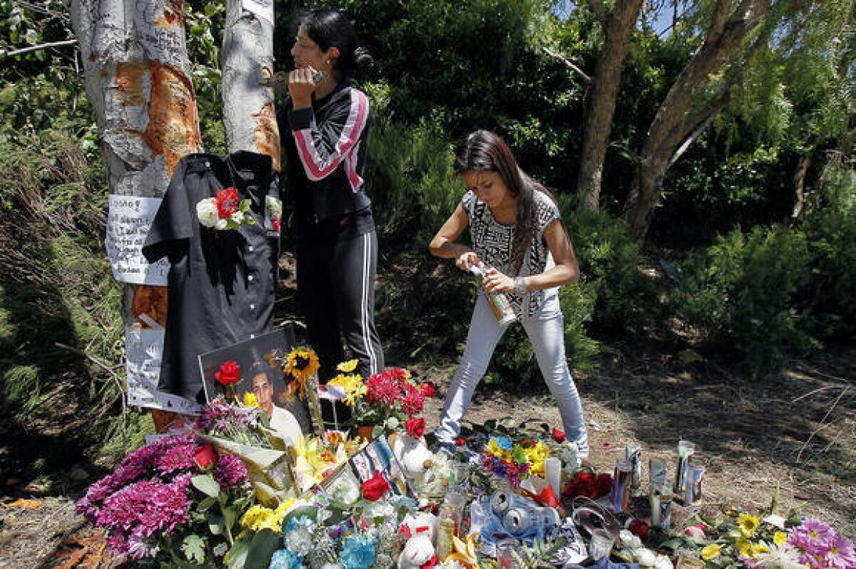 Relatives of a 19-year-old Costa Mesa man construct a memorial where his car hit a tree Sunday morning. The memorial was later removed after a neighbor complained.