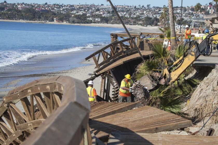DANA POINT, CALIF. -- TUESDAY, DECEMBER 4, 2018: Orange County Public Works crews use heavy machinery to remove a damaged board walk next to a basketball court, palm trees and light poles damaged from a recent storm at Capistrano Beach in Dana Point Tuesday, Dec. 4, 2018. Capistrano Beach, a small jewel of a beach that's partly owned by the city of Dana Point and by OC Parks and the state, is in danger of being lost, according to locals, being decimated in recent years from storm surges and as the victim of rising sea levels. Last week's heavy rainfall caused the boardwalk and seawall to crumble, uprooting age-old palm trees and exposing remnants of old cars, embedded in boulders. Bathrooms already are closed and residents say this week's impending storm could wash away popular basketball courts. They lament not just a beautiful stretch of paradise but the memories it has created for their families. Photo taken in Dana Point, Calif., on Dec. 4, 2018. (Allen J. Schaben / Los Angeles Times)