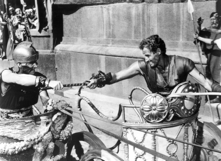 Charlton Heston won the Academy Award for best actor in 1959's "Ben-Hur," racing four horses at top speed in one of cinema's legendary action sequences: a 15-minute chariot race.