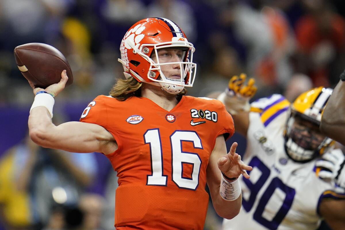 Clemson quarterback Trevor Lawrence passes against LSU.