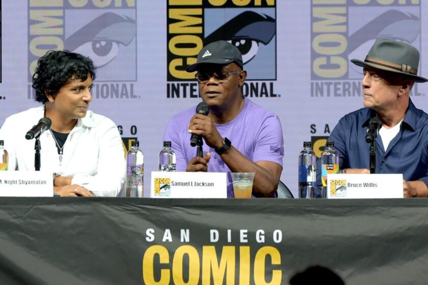 SAN DIEGO, CA - JULY 20: (L-R) M. Night Shyamalan, Samuel L. Jackson, Bruce Willis, and Sarah Paulson speak onstage at Universal Pictures' "Glass" and "Halloween" panels during Comic-Con International 2018 at San Diego Convention Center on July 20, 2018 in San Diego, California. (Photo by Kevin Winter/Getty Images) ** OUTS - ELSENT, FPG, CM - OUTS * NM, PH, VA if sourced by CT, LA or MoD **