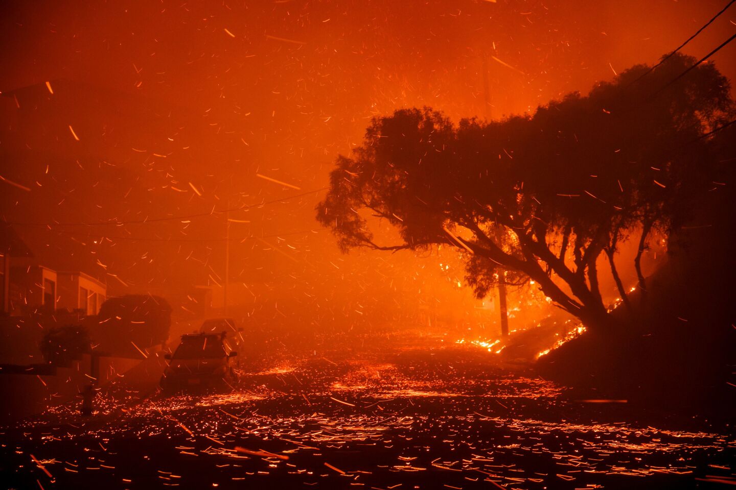 A brush fire moving with the wind sends embers all over residential neighborhoods north of Ventura.