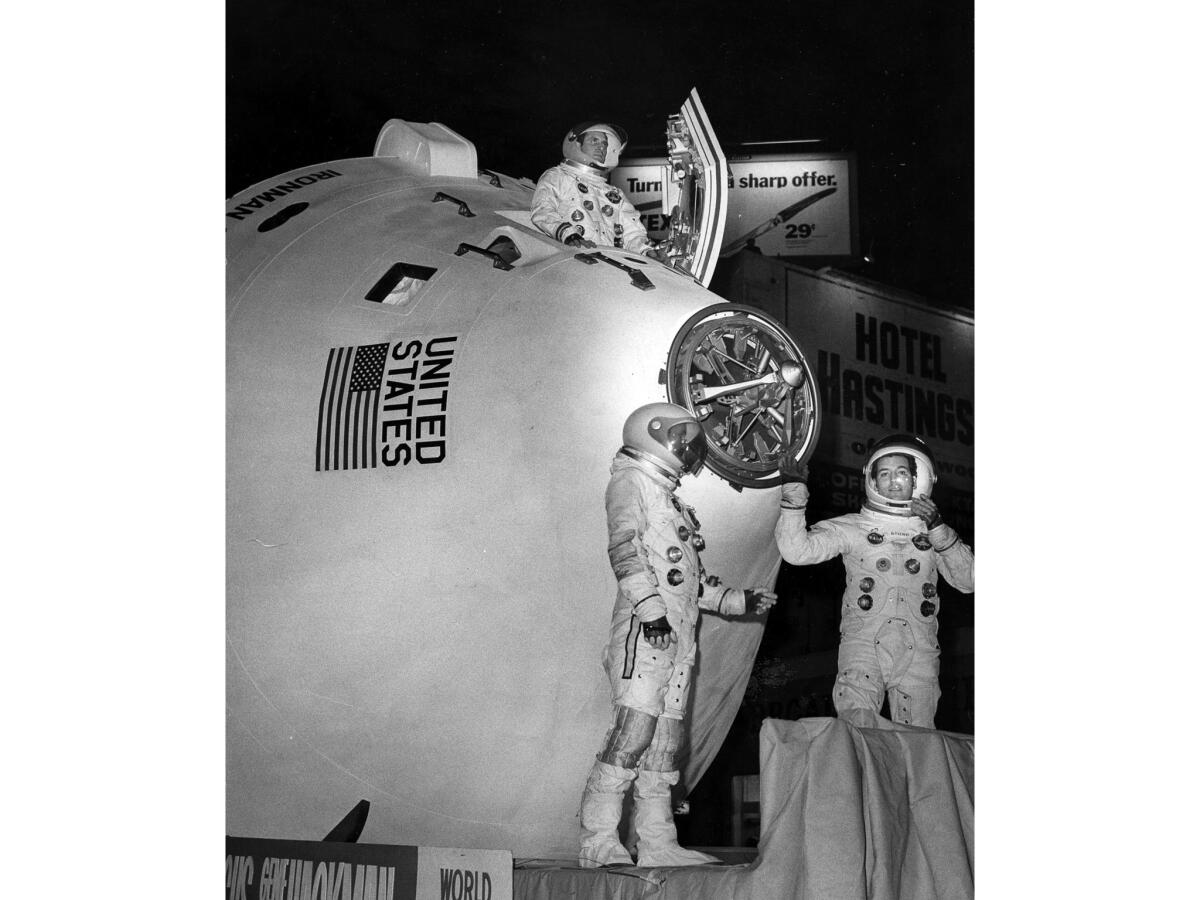 Nov. 26, 1969: A space-themed float named Marooned rolls down the street in the Hollywood Santa Claus Lane Parade. The movie of the same name, about three U.S. astronauts stranded in space, had premiered two weeks earlier.