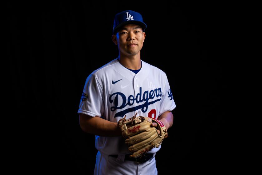 PHOENIX, ARIZ. - FEBRUARY 20: Los Angeles Dodgers outfielder Connor Joe (84) poses for a portrait during Spring Training photo day at Camelback Ranch on Thursday, Feb. 20, 2020 in Phoenix, Ariz. (Kent Nishimura / Los Angeles Times)