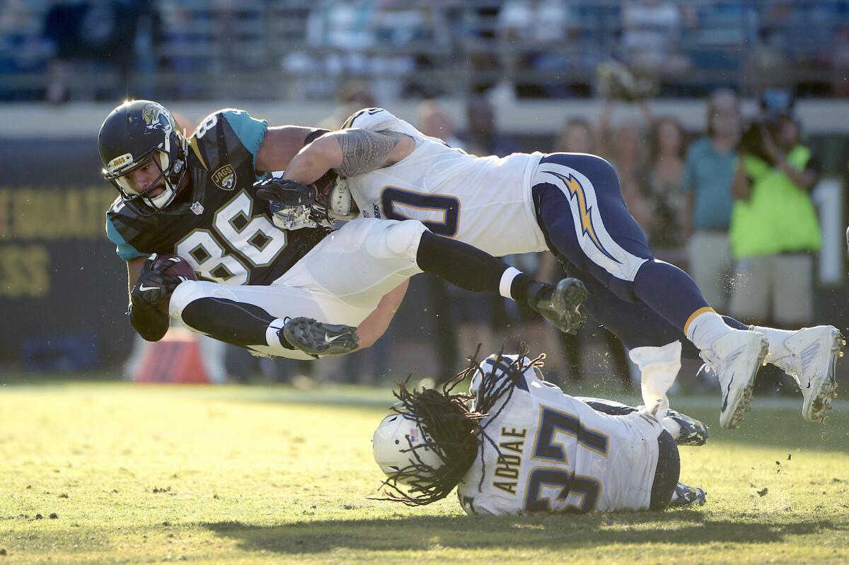 Jacksonville Jaguars tight end Clay Harbor (86) is tackled by Chargers linebacker Manti Te'o (50) and strong safety Jahleel Addae (37) after catching a pass during a game on Nov. 29.