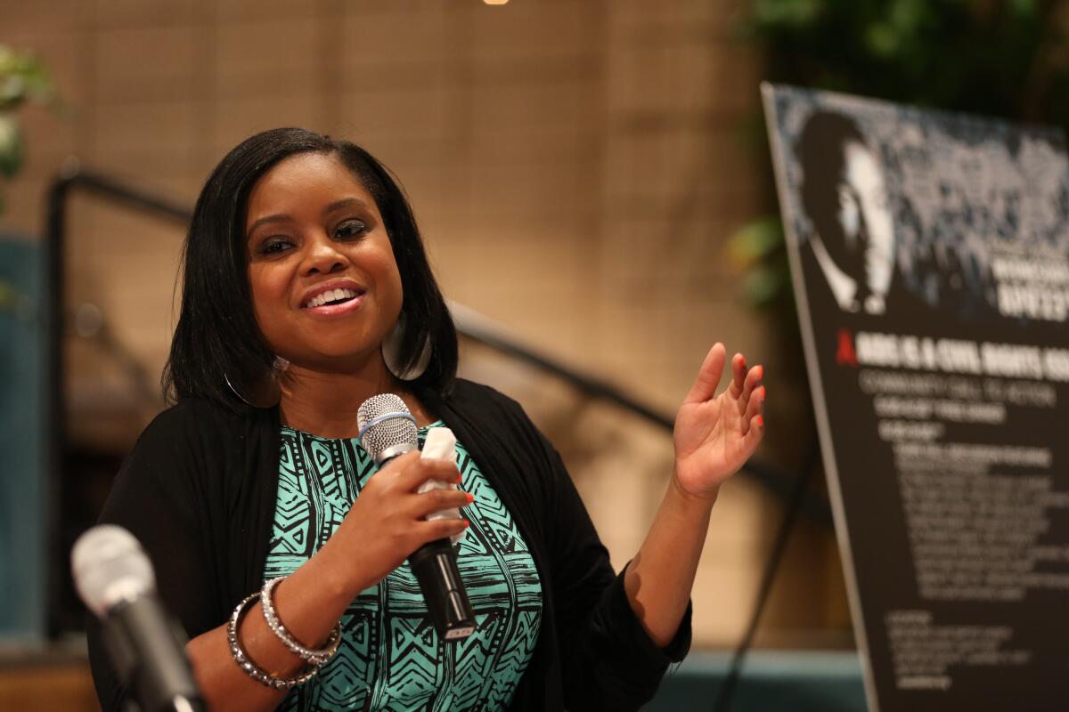 Hydeia Broadbent speaks at an AIDS Healthcare Foundation event