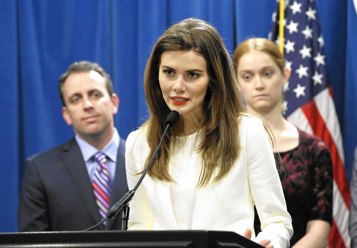 Former fashion model Nikki DuBose discusses some of the health issues models face during a news conference in Sacramento, Calif. on April 6.