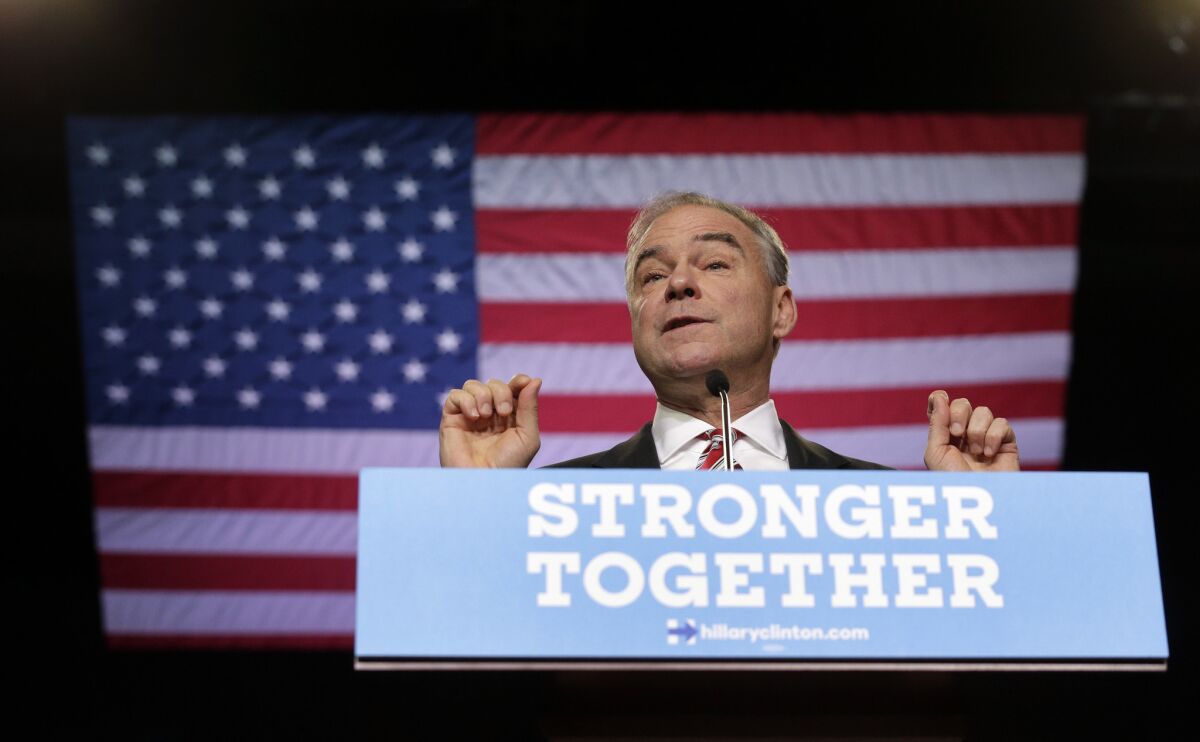 Democratic vice presidential candidate Tim Kaine speaks Tuesday during a campaign rally in Wilmington, N.C.