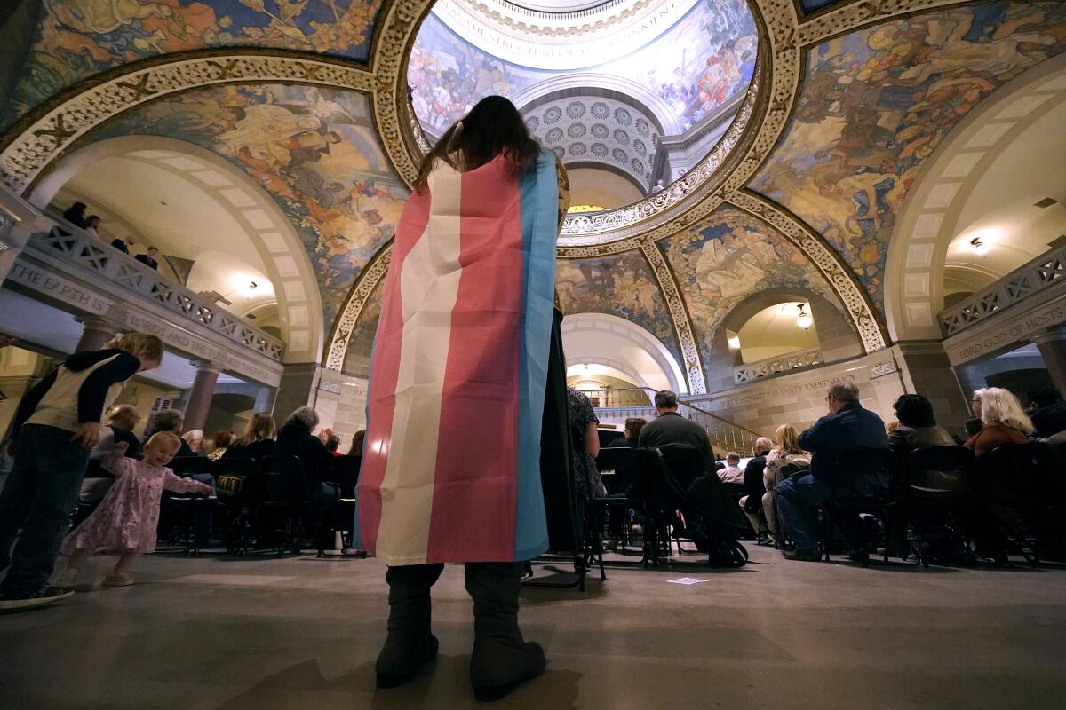 A person wears a transgender flag as a counter-protest at the Missouri Statehouse.