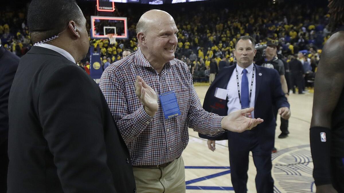 Los Angeles Clippers chairman Steve Ballmer celebrates after the Clippers defeated the Golden State Warriors in Game 2 of a first-round NBA basketball playoff series in Oakland, Calif., Monday, April 15, 2019. (AP Photo/Jeff Chiu)
