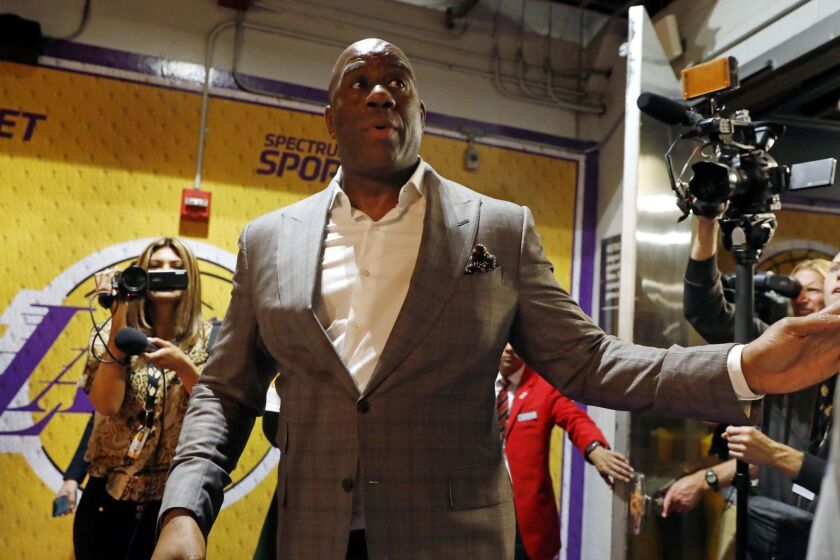 LOS ANGELES, CALIF. -- TUESDAY, APRIL 9, 2019: Earvin Magic Johnson steps down as Lakers president of basketball operations at the Staples Center in Los Angeles, Calif., on April 9, 2019. (Gary Coronado / Los Angeles Times)